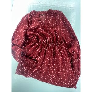 Polka Dot Blouse Long Sleeve Elastic Waist Casual Dress Burgundy Size S‎